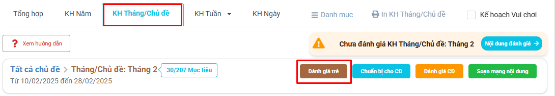 Màn hình đánh giá trẻ theo tháng/chủ đề