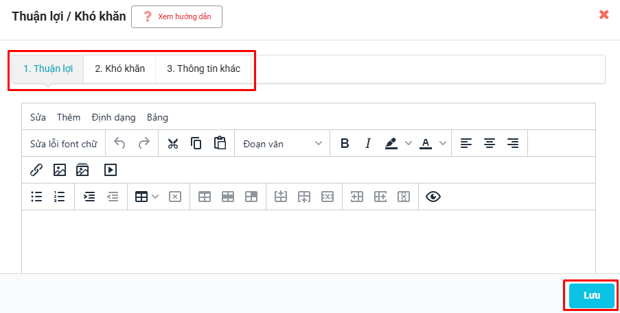 Màn hình nhập thuận lợi, khó khăn, thông tin khác trong lớp
